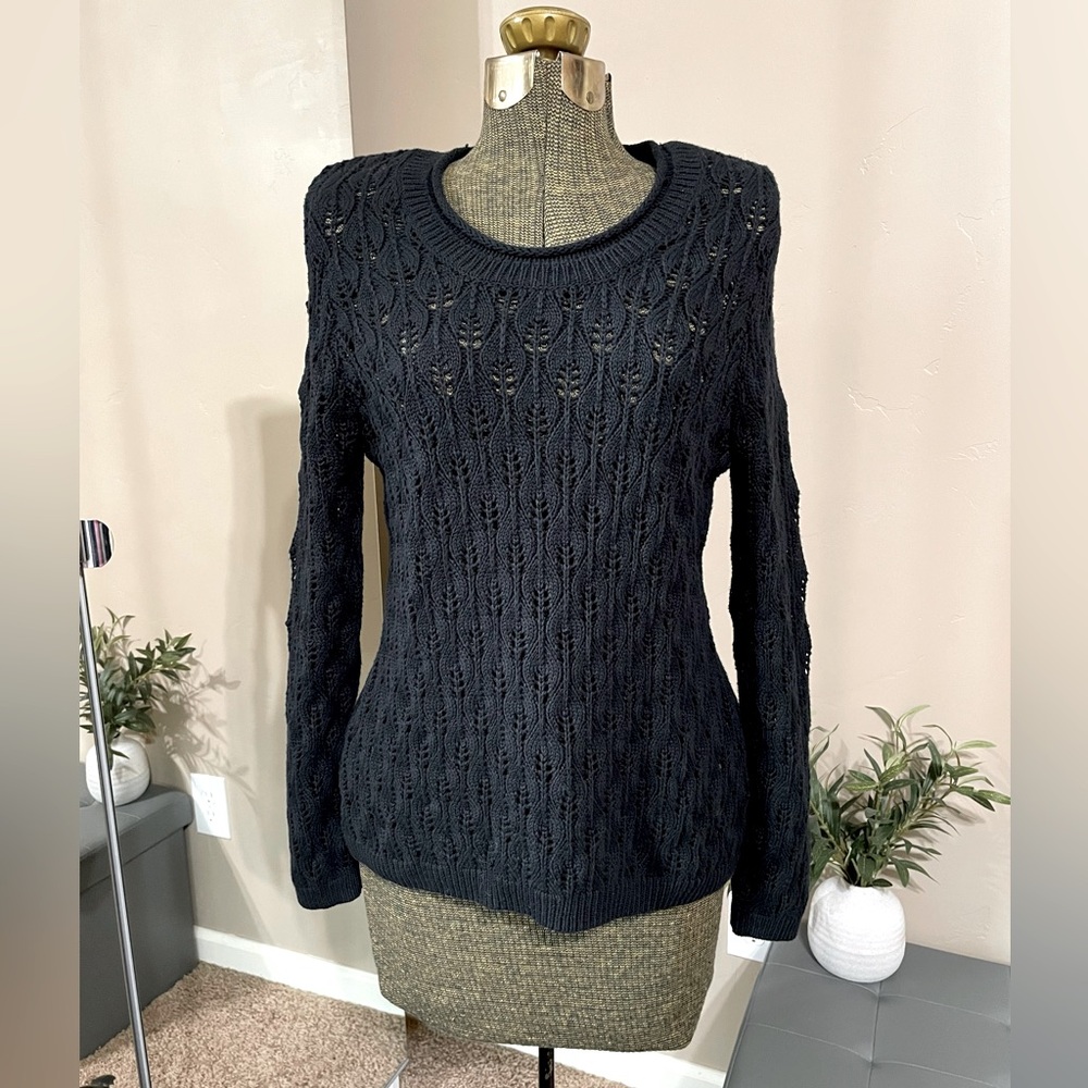 Croft & Barrow Black Sheer Pullover Sweater Open Knit Crochet Y2K Goth Cotton